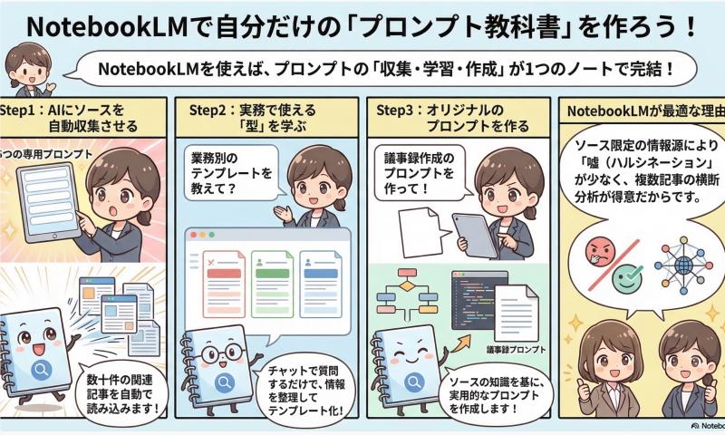 GoogleのAIノートツール「NotebookLM」を活用してプロンプトに関する知識を集約する方法のインフォグラフィック